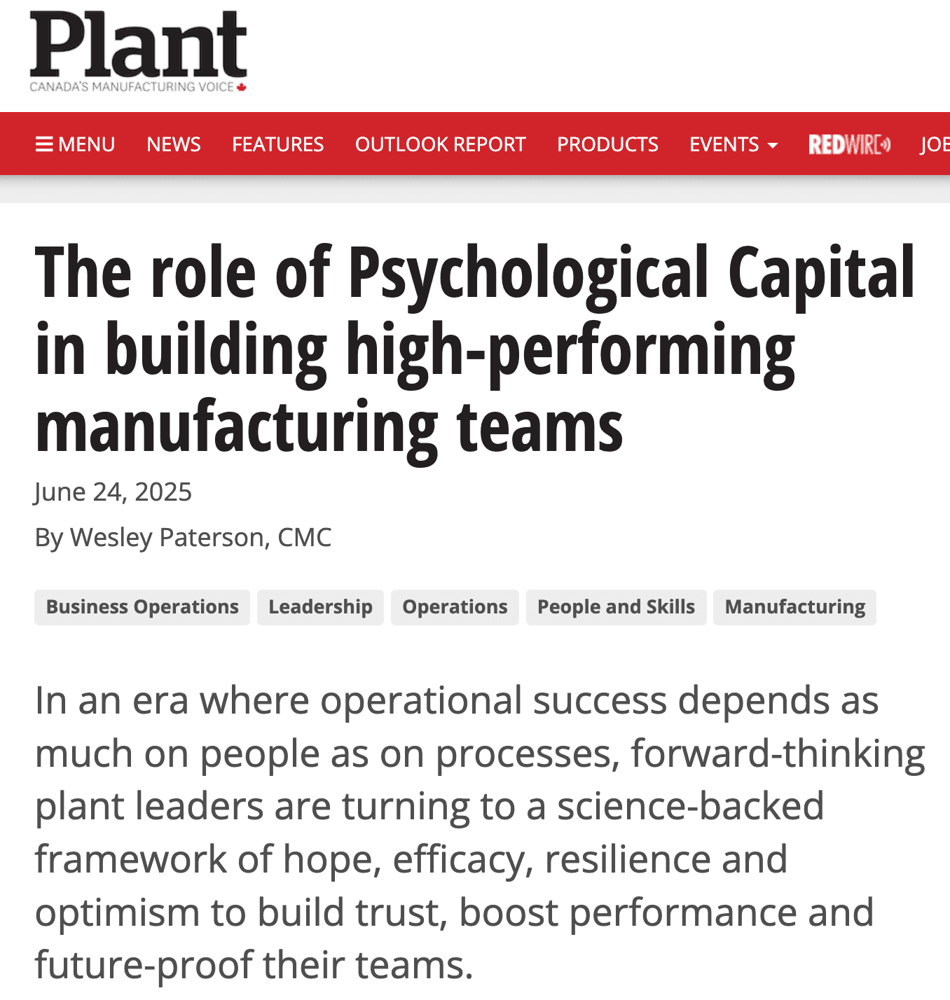 The role of Psychological Capital in building high-performing manufacturing team