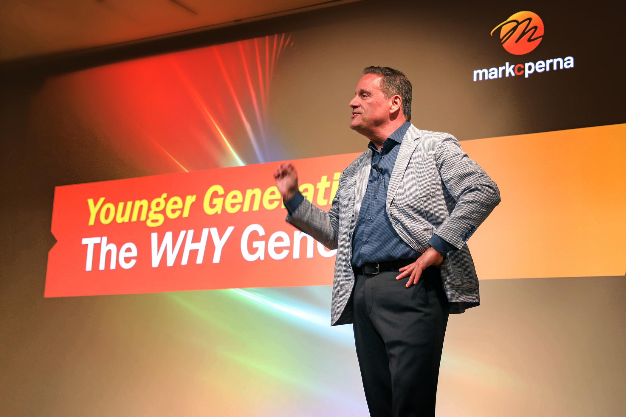 Mark Perna keynoting on the Why Generation