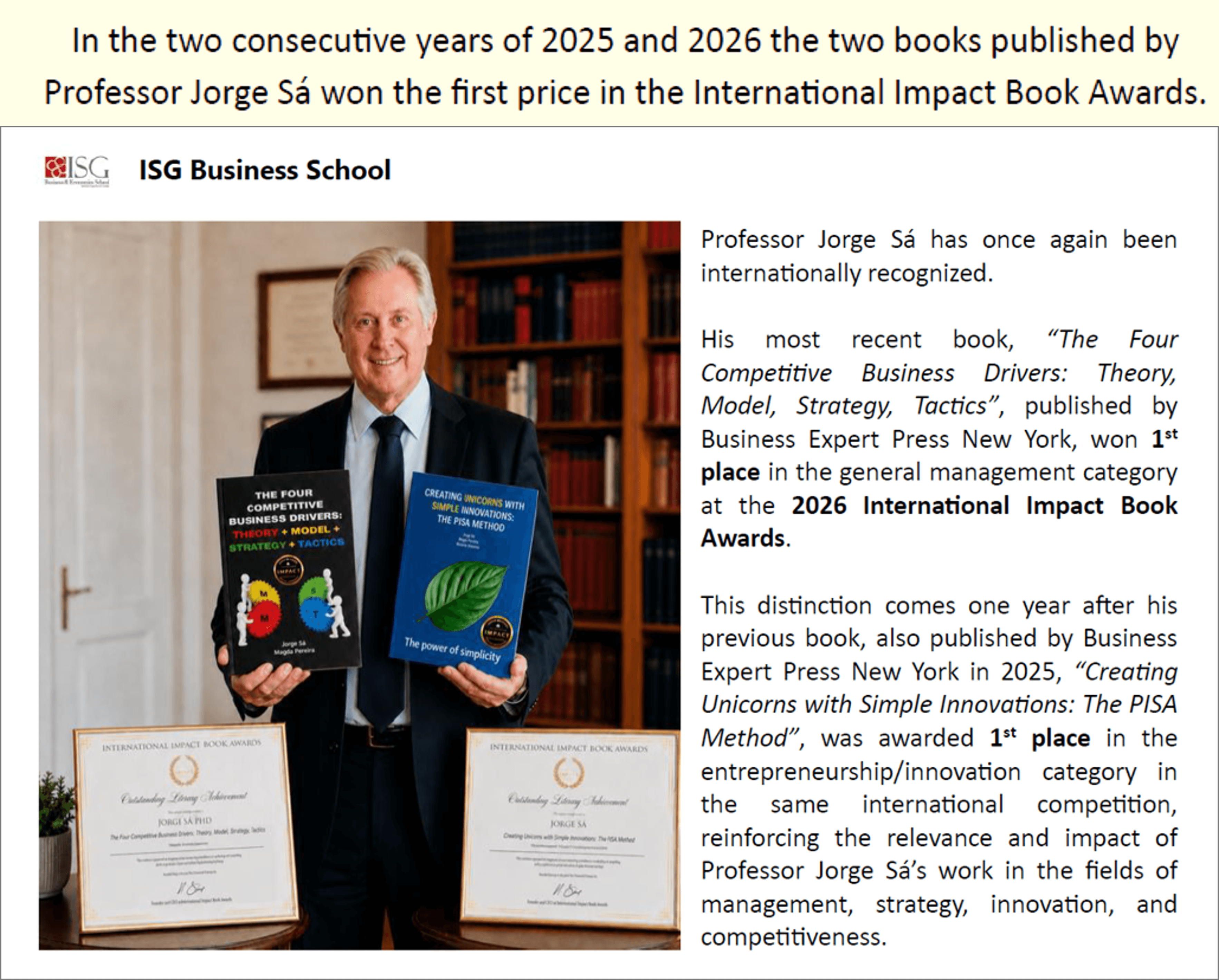 Two consecutive years award winning author on entrepreneurship and management
