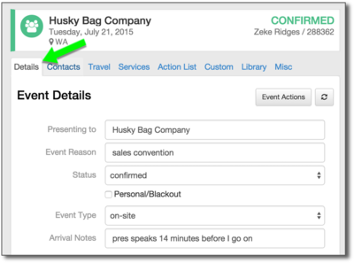 events detail tab